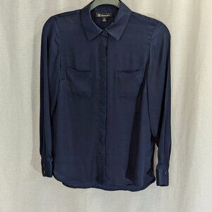 INC International Concepts Size XS Navy Satin Button Down Blouse